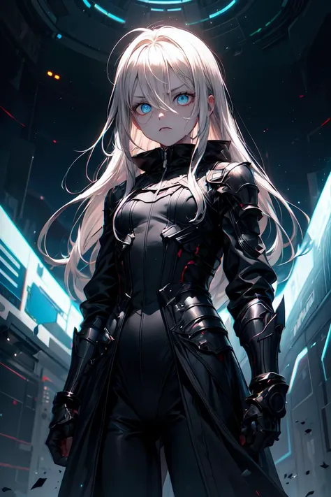 masterpiece, best quality, space, galaxy, galaxy dress, 1girl, (flat chest:1.1), blue eyes, (absurdly long hair:1.1), white hair, ahoge, expressionless eyes, pale skin, cold attitude, goddess, blue aura, powerful, deity, half-closed eyes, skittering eyes, serious, futuristic, white bodysuit, glow, armored, (black coat:1.1), movie poster, blue electricity, energy, <lora:r1ge - AnimeRage:0.3>, <lora:Gloomifier_TheDread_V1_LECO:1>, <lora:add_detail:1>, hair between the eyes, gauntlets
