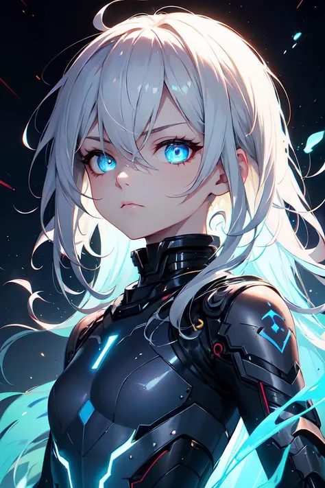 masterpiece, best quality, space, galaxy, galaxy dress, 1girl, flat chest, blue eyes, very long hair, white hair, ahoge, expressionless eyes, pale skin, cold attitude, goddess, blue aura, powerful, deity, half-closed eyes, skittering eyes, serious, futuristic, bodysuit, glow, armored, galaxy cloak, movie poster, blue electricity, energy, <lora:r1ge - AnimeRage:0.3>