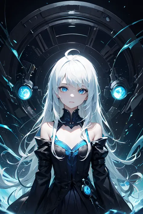 gorgeous girl, solo, white hair, ahoge, (absurdly long hair:1.1), (flat chest:1.1), expressionless eyes, emotionless, cold attitude, (steampunk magic portal to another dimension), covered with moss, galaxy, depth of view, big blue eyes, white-blue two tone hair, gloss shine, skin texture, (hyperrealism, soft light, sharp), artistic photoshoot, looking at viewer, large sleeves, bare shoulders, glow, (movie poster:1.2)
