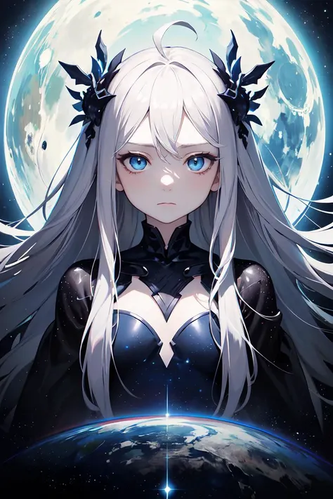 masterpiece, best quality, space, galaxy, galaxy dress, 1girl, flat chest, blue eyes, very long hair, white hair, ahoge, expressionless eyes, pale skin, cold attitude, goddess, blue aura, powerful, deity, half-closed eyes, skittering eyes, serious