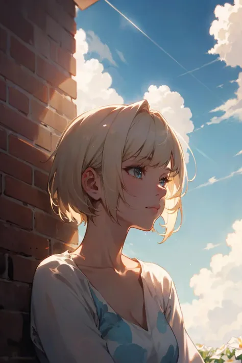 (extremely detailed fine touch:1.3), (hard light, studio light, light rays, dappled light, reflection, shadows, ray tracing:1.0), ///, girl, short hair, light blonde, upper body, sky, cloud, flower, sit on bricks