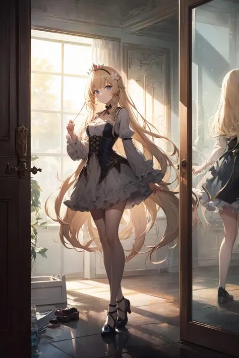 (kawaii background:1.3), (extremely detailed fine touch:1.3), (hard light, studio light, light rays, dappled light, reflection, shadows, ray tracing:1.0), ///, girl, long hair, light blonde, Princess, full body, sky, cloud, flower, glass shoes