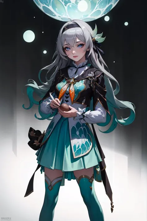 <lora:incubation-001_0.5:1> incubation, a girl, hold egg, monster egg, <lora:firefly-v2-kozue:1> 1girl, blue eyes, grey hair, long hair, hair ornament, black hairband, long sleeves, green skirt, green thighhighs,, absurdres, ultra detailed, masterpiece, best quality, aesthetic, detailed,