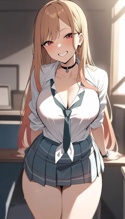 (8K、Top image quality、top-quality、​masterpiece)、1 girl in、Blonde longhair、blunt bangs、((Brown skin))、Gray eyes、piercings、evilsmile、(fellatio gesture)、Moderately breasts、((Unbuttoned school uniform))、((white  shirt))、((cleavage))、((black lace bra))、Black Mini Pleated Skirt、(black lace panties)、squatting,open legs、Taken from below、bedroom background、nsfw