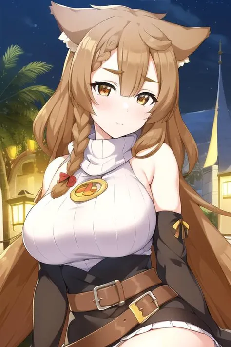 (Night:1.7), palms, pine_tree,sky,snow, snowing,tower, town, tree,building, castle, city, cityscape,outdoors,
sitting at attention,sitting on couch,
sweater, turtleneck,long_sleeves,belt,
<lora:Amy_Konosuba-KK77-V1:0.7>,bare arms, 
long hair,bangs, bare_shoulders,braid, brown_eyes, brown_hair, cat_ears, closed_mouth, hair_between_eyes, 
1 girl, 20yo,mature female,Beautiful Finger,Beautiful long legs,Beautiful body,Beautiful Nose,Beautiful character design, perfect eyes, perfect face,
looking at viewer, (innocent_big_eyes:1.0),(expressionless:1.3),
NSFW,official art,extremely detailed CG unity 8k wallpaper, perfect lighting,Colorful, Bright_Front_face_Lighting,
(masterpiece:1.0),(best_quality:1.0), ultra high res,4K,ultra-detailed,
photography, 8K, HDR, highres, absurdres:1.2, Kodak portra 400, film grain, blurry background, bokeh:1.2, lens flare, (vibrant_color:1.2)
(Beautiful,large_Breasts:1.4), (beautiful_face:1.5),(narrow_waist),