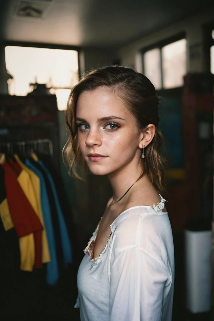 (analog photo:1.2),((amateur photo:1.3,art retouch,photo, 90s, analogue, film, flash),
close-up,emotional portrait funny drunk Emma Watson wearing random colored torn clothing, stand in old store
<lora:90sflash_v2:0.7>, (16mm lens low wide-angle,(fish-eye:0.8)),(move noment)),(daytime hour, high quality, film grain), (natural colors, correct white balance, color correction, dehaze,clarity), ,(skin texture)
