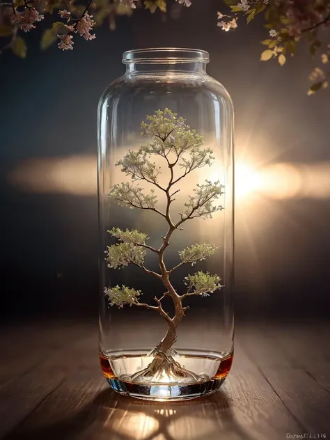 dreamlikeart tree of life in a detailed glass bottle , intricate, fluffy, realistic, photo, canon, dreamlike, art, colorful leaves and branches with flowers on top of its head, hyperdetailed photorealism by greg rutkowski - h 1024 w 804 | f 1 6 lens mark 2:2 s 3555 mm film grain :1 lifelike high res sharp focus contrast!! intricate detailed atmospheric light refraction & reflection lighting unreal engine 5 cinematic concept photography masterpiece octane render trending at cgsociety rendered as Style-Glass
