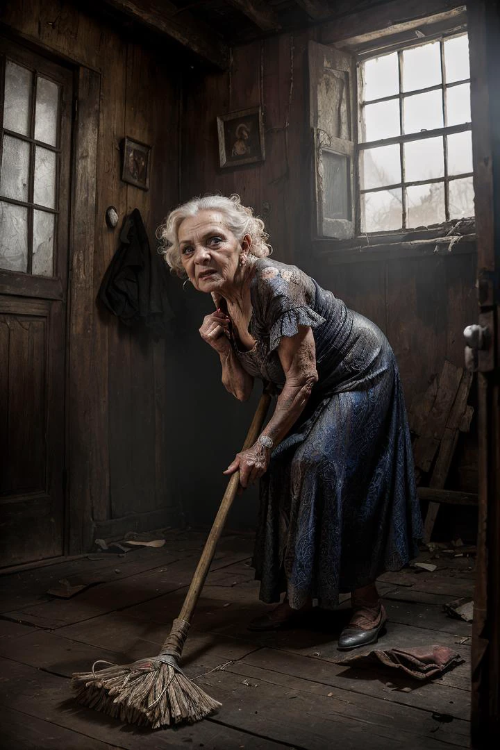 (dynamic pose:1.2),(dynamic camera),,photo RAW,((photography, art retouch, photo surrealism),
a small, old, ugly,
(an old thin angry evil grandmother) in a decrepit wooden room, dressed in rags, a broom in her hand
, hyperrealistic, high detail, black fantasy
,(realistic, fine art parody,style)
,(grotesque,caricature:1.2), (16mm lens low wide-angle,(fish-eye:0.8)),(move noment), realism, hd, 35mm photograph, 8k), masterpiece, award winning photography, natural light, perfect composition, high detail,(action movement, three-dimensional picture, impressive)