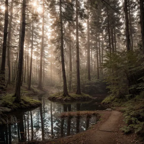 photo RAW,(A forest trail leading to a hidden lake,Realistic, realism, hd, 35mm photograph, 8k), masterpiece, award winning photography, natural light, perfect composition, high detail, hyper realistic, dusty atmospheric haze, high quality textures of materials, volumetric textures, coating textures, metal textures