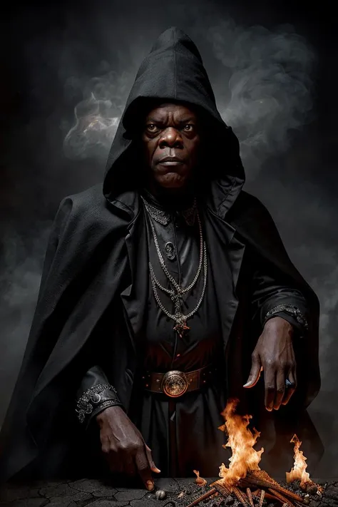 (dynamic pose:1.2),(dynamic camera),(art retouch, photo surrealism),
(close-up) Samuel Leroy Jackson as a fearful necromancer,black cloak, flames on the background, view from the bottom
,(grotesque caricature:1.2),(realistic, fine art parody), high quality textures of materials, volumetric textures, coating textures, metal textures, dusty atmospheric haze,(action movement, three-dimensional picture, impressive)