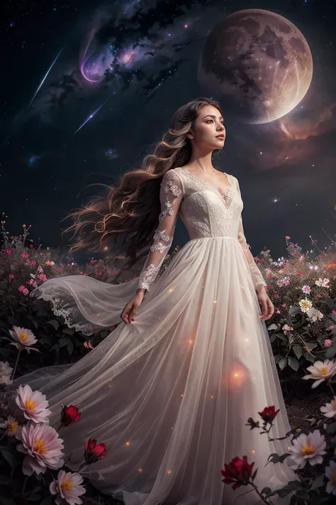 (analog photo:1.2),((dynamic pose:1.2),(dynamic camera),(art retouch),fantasy style, On the moon full of Crimson flowers, an young woman with long lace dress, long hair,walking happily on the flowers moon, looking to camera, The background is the space background, and Earth, stars, and other planets can be seen flying ribbons,design, lighting, photography, cute, realistic, ultra realistic, real photography, photorealistic, Photo taken on a Mamiya ARZ67 with Portra 400 film, aperture 4, shutter speed 125 <lora:StarDust:0.35> stardust  <lora:flower_covering_lora01:0.3> <lora:mj_style_1:0.35>, concept art,, (natural colors, correct white balance, color correction, dehaze,clarity), (composition centering, conceptual photography)),(midnight hour, high quality, film grain), (natural colors, correct white balance, color correction, dehaze,clarity)