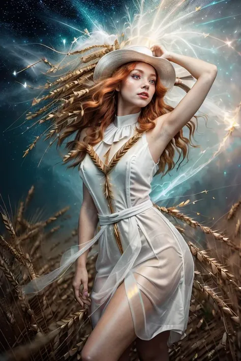 (analog photo:1.2),((dynamic pose:1.2),(dynamic camera,art retouch),(waist-length portrait, a young woman with long red hair wearing a hat),(long ginger red curly wind floating hair),posing for fashion,(look to camera),(intricate (wheat) volumetric glowing abstract background:1.3), in the style of intimacy, dreamscape portraiture, solarization, shiny kitsch pop art, solarization effect, reflections and mirroring, photobash, (composition centering, conceptual photography), (natural colors, correct white balance, color correction, dehaze,clarity),(skin texture) <lora:StarDust:0.6> stardust),(midnight hour, high quality, film grain), (natural colors, correct white balance, color correction, dehaze,clarity)