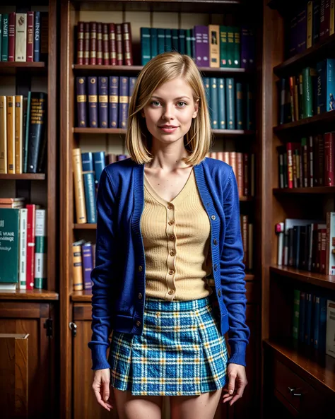 Animal House \(style\) photo of 24 y/o jp-Julia2 ,Vintage waves, muted makeup, Buttoned cardigan, tartan skirt, College library, rows of books, Hasselblad 500C, 80mm f/2.8, 1/60s, ISO 125