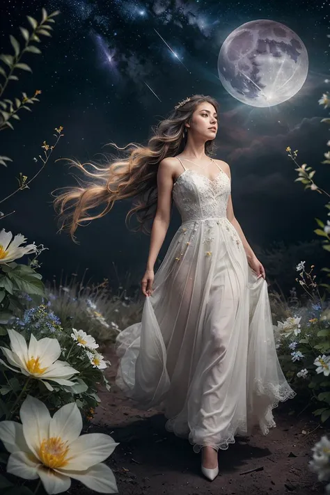 (analog photo:1.2),((dynamic pose:1.2),(dynamic camera),(art retouch),fantasy style, On the moon full of Light green flowers, an young woman with long lace dress, long hair,walking happily on the flowers moon, looking to camera, The background is the space background, and Earth, stars, and other planets can be seen flying ribbons,design, lighting, photography, cute, realistic, ultra realistic, real photography, photorealistic, Photo taken on a Mamiya ARZ67 with Portra 400 film, aperture 4, shutter speed 125 <lora:StarDust:0.35> stardust <lora:flower_covering_lora01:0.3> <lora:mj_style_1:0.35>, concept art,, (natural colors, correct white balance, color correction, dehaze,clarity), (composition centering, conceptual photography)),(midnight hour, high quality, film grain), (natural colors, correct white balance, color correction, dehaze,clarity)