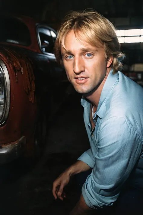 (analog photo:1.2),((amateur photo:1.3,art retouch,90s flash photo, analogue photo),
close-up portrait funny Owen Wilson wearing random clothing, stands in the garage next to an old rusty car
 <lora:90sflash_v2:0.7>, (16mm lens low wide-angle,(fish-eye:0.8)),(move noment), ,(skin texture), Fujifilm Superia X-Tra 400),(midnight hour, high quality, film grain), (natural colors, correct white balance, color correction, dehaze,clarity)