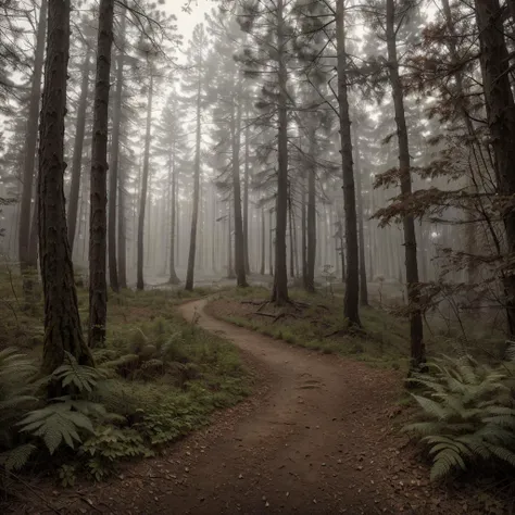 photo RAW,(A forest trail leading to a hidden lake,Realistic, realism, hd, 35mm photograph, 8k), masterpiece, award winning photography, natural light, perfect composition, high detail, hyper realistic, dusty atmospheric haze, high quality textures of materials, volumetric textures, coating textures, metal textures