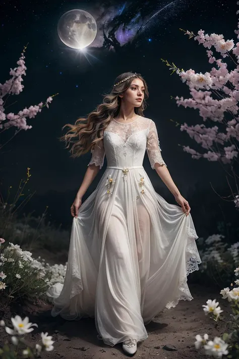 (analog photo:1.2),((dynamic pose:1.2),(dynamic camera),(art retouch),fantasy style, On the moon full of White flowers, an young woman with long lace dress, long hair,walking happily on the flowers moon, looking to camera, The background is the space background, and Earth, stars, and other planets can be seen flying ribbons,design, lighting, photography, cute, realistic, ultra realistic, real photography, photorealistic, Photo taken on a Mamiya ARZ67 with Portra 400 film, aperture 4, shutter speed 125 <lora:StarDust:0.35> stardust <lora:flower_covering_lora01:0.3> <lora:mj_style_1:0.35>, concept art,, (natural colors, correct white balance, color correction, dehaze,clarity), (composition centering, conceptual photography)),(midnight hour, high quality, film grain), (natural colors, correct white balance, color correction, dehaze,clarity)