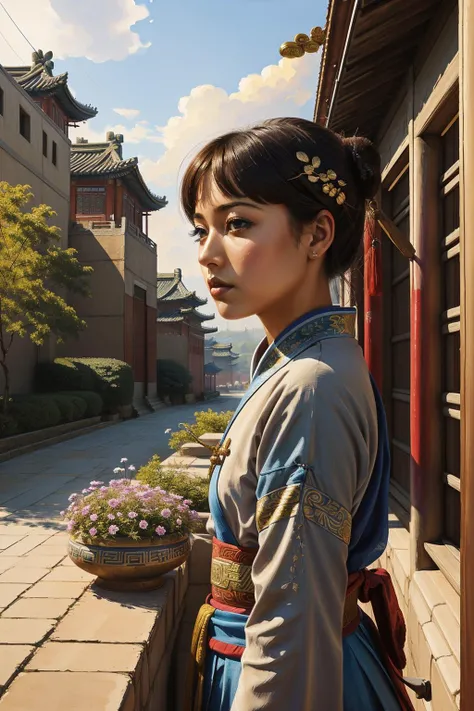 1girl, [ (art by Rick Owens:0.9) | (Ernie Barnes:1.2) | (Grigory Gluckmann:0.7) ], awardwinning Water color painting, stylized, side-profile of a ("The unification of China under the Qin Dynasty":1.3) , it is very Awe-Inspiring and Meek, Kindhearted Pyramid in background, Gradient space with Foliage, Sun in the sky, Bokeh, Ultra Real, Surprising, Nihilcore, Side lighting, Depth of field 270mm, Desaturated, expressive brush strokes, crisp lines, Best quality, highly detailed, en plein air