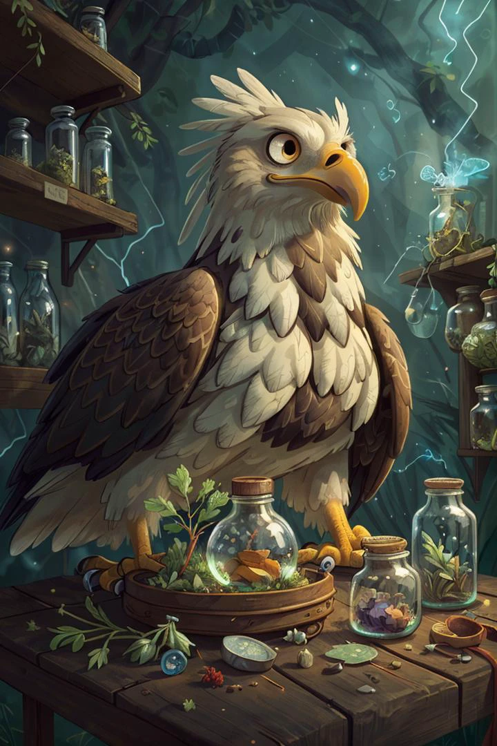 (close-up:1.3) eagle, on An old-world apothecary with jars of herbs and potions, nature, (natural elements), (particle effects),glow sprite, with a glowing