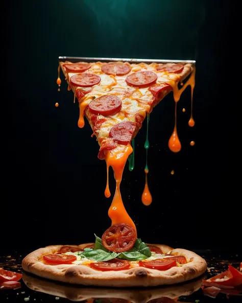 photo RAW,(pizza, pepperoni flavor with mozzarella, melting, falling apart, oozing,, Black orange and teal_green colors), masterpiece, award winning photography, lighting, perfect composition, high detail, hyper realistic,dramatic lighting, epic
