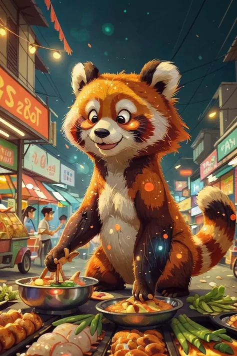 Red panda sitting at the night market eating skewers and drinking beer