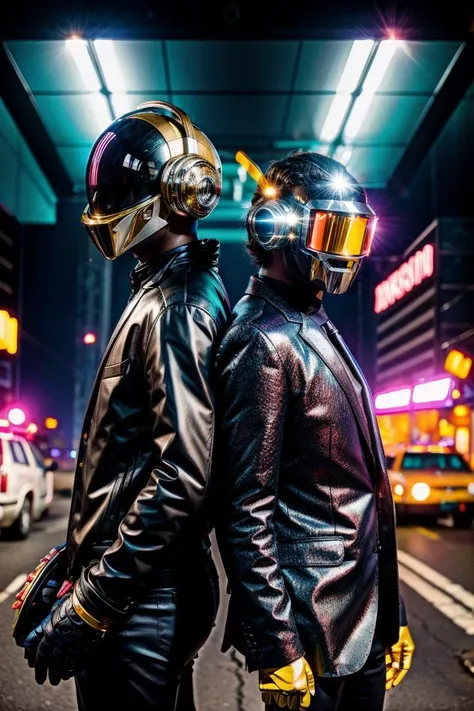 (close-up:1.2),With bold and vibrant colors, the cover art captures the essence of Daft Punk's dynamic music and innovative spirit. The duo stands tall amidst the wreckage, their iconic helmets and futuristic attire adding a sense of mystique and intrigue. The retro vibe background, filled with nostalgic elements, transports listeners back to an era of neon lights and pulsating energy. Every detail of the ruined cityscape is meticulously rendered, showcasing the remnants of a bygone civilization. The vibrant color palette and distinctive cartoon style bring the post-apocalyptic world to life, evoking a sense of both despair and hope. This masterpiece on eye level, scenic, masterpiece not only serves as a visually captivating CD album cover but also embodies the spirit of Daft Punk's music and their ability to transcend boundaries. The fusion of the post-apocalyptic setting, retro vibes, and American cartoon illustration style creates a unique and powerful visual representation of their artistic vision. <lora:more_details:0.5>, <lora:LowRA:0.15> <lora:add_detail:1.25>, RAW photo, full sharp, detailed face (high detailed skin:1.2), 8k uhd, dslr, soft lighting, high quality, film grain, Fujifilm XT3