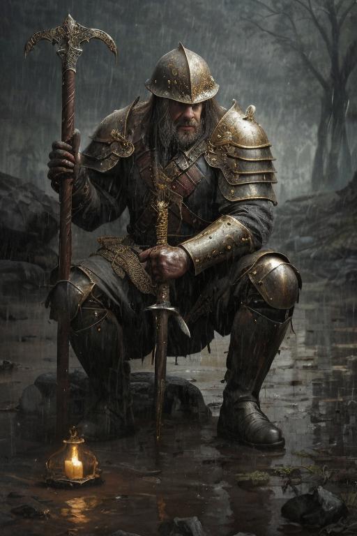 A man in armor kneeling down with a sword and a lantern - SeaArt AI