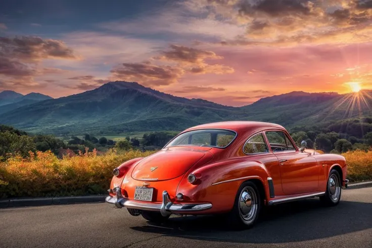 1950s style, retro orange car Porsche,pink sunset,sunrays,(nature, buildings history modern art, amazing unreal background), (natural colors, correct white balance, color correction, dehaze,clarity), <lora:LowRA:0.15> <lora:add_detail:1.25>, RAW photo, full sharp, detailed face (high detailed skin:1.2), 8k uhd, dslr, soft lighting, high quality, film grain, Fujifilm XT3