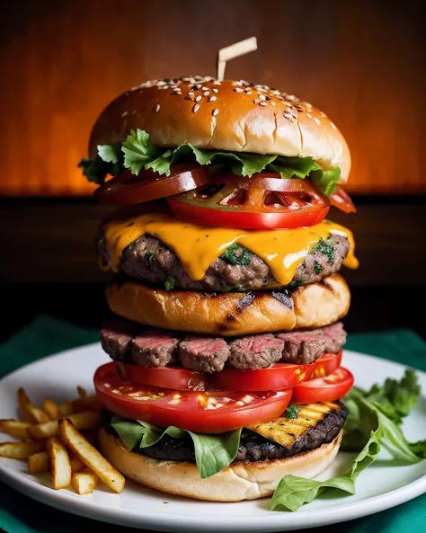 photo RAW,(Grilled beef burger with tomato onion cheese and fries, Black orange and teal_green colors), masterpiece, award winning photography, lighting, perfect composition, high detail, hyper realistic,dramatic lighting, epic