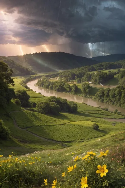 photo RAW,((summer rainstorm:1.3) ,sunrise,green hills and a wooden village on river, (Nigella flowers on foreground), sunrays, lens flare, 4k highly detailed digital art, 8k hd wallpaper very detailed, impressive fantasy landscape, sci-fi fantasy desktop wallpaper, 4k detailed digital art, sci-fi fantasy wallpaper, epic dreamlike fantasy landscape, 4k hd matte digital painting, 8k stunning artwork,Realistic, realism, hd, 35mm photograph, 8k, dusty atmospheric haze, (natural colors, correct white balance, color correction, dehaze,clarity), realistic, detailed, balanced, by Trey Ratcliff, Klaus Herrmann, Serge Ramelli, Jimmy McIntyre, Elia Locardi,Realistic, realism, hd, 35mm photograph, 8k), masterpiece, award winning photography, natural light, perfect composition, high detail, hyper realistic