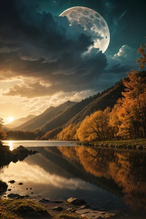 photo RAW,(autumn,mountains and a storm lake with a moon in the sky, old wooden slab home, 4k highly detailed digital art, 4 k hd wallpaper very detailed, impressive fantasy landscape, sci-fi fantasy desktop wallpaper, 4k wallpaper, 4k detailed hdr photography, sci-fi fantasy wallpaper, epic dreamlike fantasy landscape, 4k hd matte, 8k,Realistic, realism, hd, 35mm photograph, 8k), masterpiece, award winning photography, natural light, perfect composition, high detail, hyper realistic, (composition centering, conceptual photography), realistic, detailed, balanced, by Trey Ratcliff, Klaus Herrmann, Serge Ramelli, Jimmy McIntyre, Elia Locardi