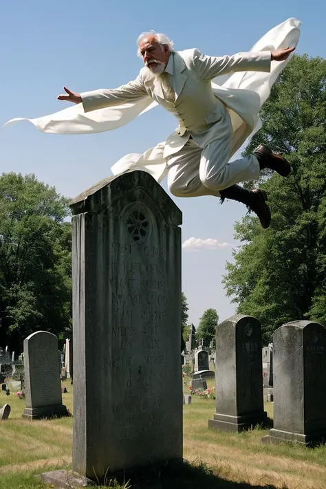photo RAW,((dynamic pose:1.3),(dynamic camera:1.3),The ghost of a Victorian old man floats over the gravestones of an old Cemetery in rural Massachusetts in the Summer of 2023), masterpiece, award winning photography, natural light, perfect composition, high detail, hyper realistic