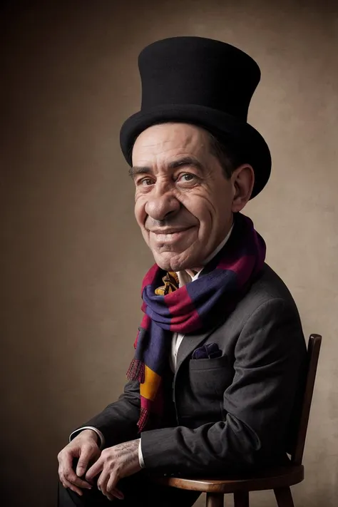 (art retouch, photo surrealism),
(close-up),a man sitting on a stool with a scarf around his neck
,(grotesque,caricature:1.2),(realistic, fine art parody)