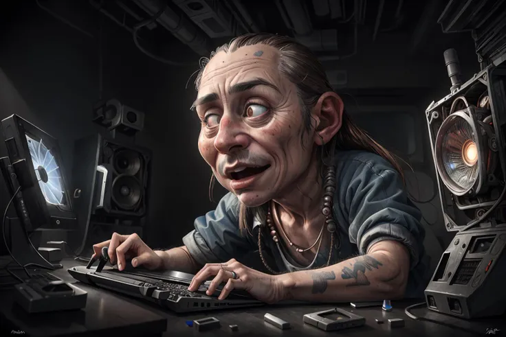 photo RAW,(an insanely detailed picture of a strange device making humans from spare computer parts), masterpiece, award winning photography, lighting, perfect composition, high detail, hyper realistic,dramatic lighting, epic
