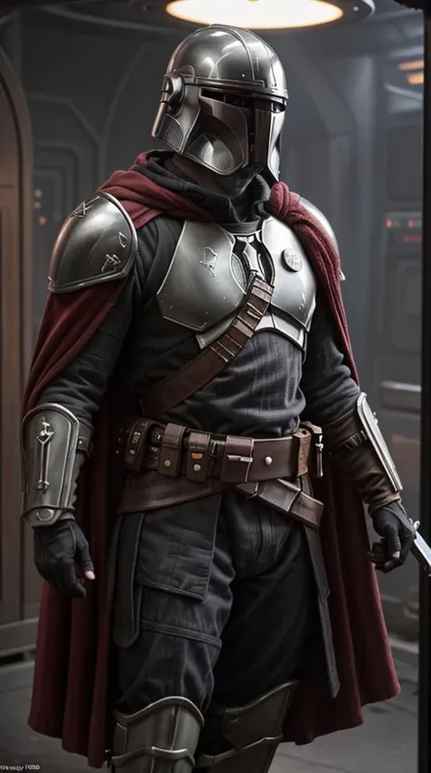 an awarded profesional photo of 1 man Jax "The Lone Wolf" Donovan (Star Wars): Jax Donovan, a fearsome and enigmatic figure in the galaxy, is known as "The Lone Wolf." A rugged and battle-hardened Mandalorian, his armor tells the story of countless campaigns and victories. The jet-black beskar plate, adorned with intricate Mandalorian patterns, seems to absorb the light around him, creating an aura of foreboding. His helmet, featuring a T-visor, conceals his face, revealing only the glowing crimson visor that signifies his Mandalorian heritage. The cape flowing behind him bears the battle-worn insignia of a lone wolf, a symbol of his independence and skill. A veritable arsenal of weapons adorns his armor, including a customized Westar-35 blaster pistol, a holstered beskad, and an array of discreet hidden blades. with Pear-Athletic - A body with a curvier lower half and muscular tone. , ultradetailed, intricated face,(face details:1.1),perfect eyes, ideal body posture,perfect body proportions, by jeremy mann, by sandra chevrier, by maciej kuciara,(masterpiece:1.2),(ultradetailed:1.1), ultrasharp, (perfect, body:1.1),(realistic:1.3),(real shadow:1.2), photo Fujifilm XT3, ,(perfect body proportions:1.1)<lyco:GoodHands-beta2:1>, intricated hands,(by Michelangelo),(profesional lights:1.3) (profesional photography:1.3), cowboy shot (character focus:1.1), depth of field, perfect hands, realistic shadows, realsitic lights, perfect quality, natural skin, skin marks, detailed hairstyle, kkw-skin-det, photorealistic,
