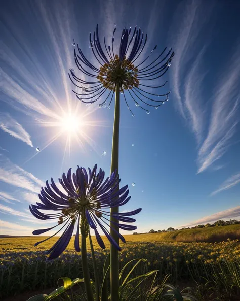 photo RAW,(a Agapanthus with water drops is standing at the sun, in the style of beeple, dazzling chiaroscuro, romantic scenery, mikko lagerstedt, alex grey, selective focus, uhd image), masterpiece, award winning photography, natural light, perfect composition, high detail, hyper realistic