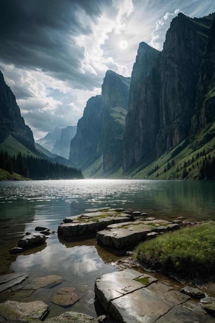 A view of a lake with rocks and grass in the foreground - SeaArt AI