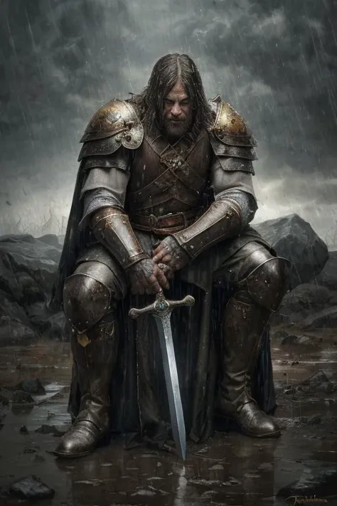 Role-playing game (RPG) style fantasy This captivating oil painting transports us to a world of somber beauty and haunting detail,where we find ourselves immersed in the heart of a desolate landscape,as a battle-weary warrior sits on a rock amidst the (((pouring rain))),Holding their great sword between their legs,the point of the sword in the dirt between their feet,their rusted plate armor reflecting the passage of time and the toll of warfare. (((raining))),The rain is pouring down,mud puddles have ripples from the falling rain,As they gaze upon their weapon,its once-sharp blade now dulled by countless battles,the heavy atmosphere serves to enhance the overall composition,casting dramatic shadows and highlighting key elements within the frame. Shot using cutting-edge technology and rendered in breathtaking detail,this Stable Diffusion masterpiece showcases the artist's extraordinary talents and leaves a lasting impression on those who witness it. Through expert use of lighting and composition,the artwork transports us to a world of unyielding resolve and tragic tales,immortalizing the bravery of this stoic soldier for generations to come. (Artists: Frank Frazetta or Jeff Easley),realistic,highly detailed,absurdres, . Detailed, vibrant, immersive, reminiscent of high fantasy RPG games