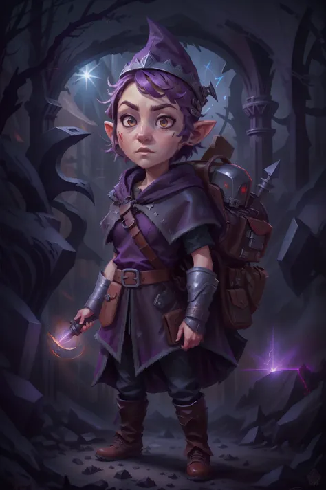 gnome, rugged, short purple hair, red eyes, wearing a backpack, fantasy thief, black leather armor, silver trim on cloak, angry,
style-rustmagic, portrait, solo, (full body:0.6), looking up, detailed background, detailed face, (<lora:1970RetroFuturism:0.6>, 1970retrofuturism, 1970s theme:1.1), futuristic assassin, electronic warfare expert, wearing dark brown battle-gear, tactical belt, dirt, head-up display, wrist-mounted weapon, holographics projections, flag, stern expression, movement, power-core, alien landscape in background, hazy mist, bloom, cinematic atmosphere,