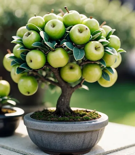 mini\(ttp\), best quality, masterpiece, detailed, isometric, miniature, micro apples growing on a tree bonsai, tilt-shift, depth of field