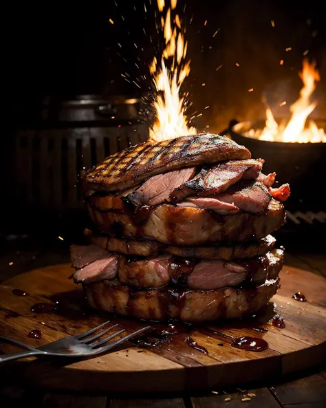 photo RAW,(twice cooked pork,explosive splashes of fire,grilled, falling apart, oozing,photographic,photo shadows,hyper-realism,realistic), masterpiece, award winning photography, lighting, perfect composition, high detail, hyper realistic,dramatic lighting, epic