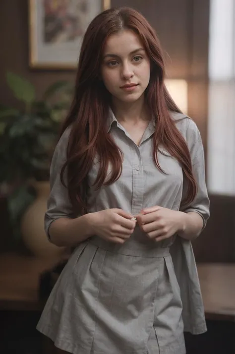 tv_Rosie_Day_A, model pose, thoughtful expression, ((wearing a dress shirt and skirt)),full body shot, Dusk, in a lingerie shop, (((relaxed))), "epic-Ultra-HD-details", "epic-Ultra-HD-highlights", PA7_Human-Likeness