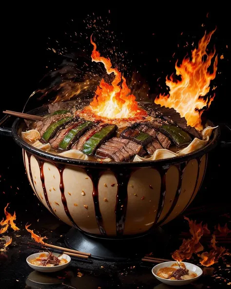photo RAW,(sukiyaki,explosive splashes of fire,grilled, falling apart, oozing,photographic,photo shadows,hyper-realism,realistic), masterpiece, award winning photography, lighting, perfect composition, high detail, hyper realistic,dramatic lighting, epic