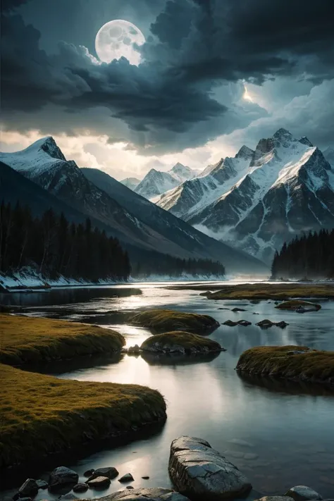 photo RAW,(winter,mountains and a storm lake with a moon in the sky, old wooden slab home, 4k highly detailed digital art, 4 k hd wallpaper very detailed, impressive fantasy landscape, sci-fi fantasy desktop wallpaper, 4k wallpaper, 4k detailed hdr photography, sci-fi fantasy wallpaper, epic dreamlike fantasy landscape, 4k hd matte, 8k,Realistic, realism, hd, 35mm photograph, 8k), masterpiece, award winning photography, natural light, perfect composition, high detail, hyper realistic, (composition centering, conceptual photography), realistic, detailed, balanced, by Trey Ratcliff, Klaus Herrmann, Serge Ramelli, Jimmy McIntyre, Elia Locardi