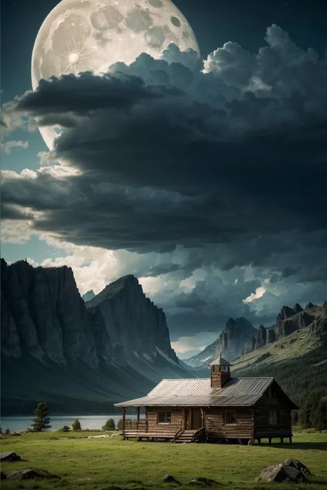photo RAW,(summer,mountains and a storm lake with a moon in the sky, old wooden slab home, 4k highly detailed digital art, 4 k hd wallpaper very detailed, impressive fantasy landscape, sci-fi fantasy desktop wallpaper, 4k wallpaper, 4k detailed hdr photography, sci-fi fantasy wallpaper, epic dreamlike fantasy landscape, 4k hd matte, 8k,Realistic, realism, hd, 35mm photograph, 8k), masterpiece, award winning photography, natural light, perfect composition, high detail, hyper realistic, (composition centering, conceptual photography), realistic, detailed, balanced, by Trey Ratcliff, Klaus Herrmann, Serge Ramelli, Jimmy McIntyre, Elia Locardi