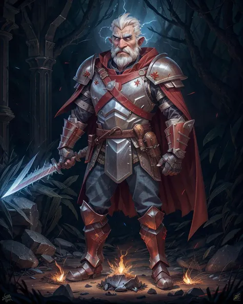 photo RAW,(god of wrath, full body, science fiction, roman warrior facial hair, beard, old man, wrinkled skin, white hair, rating:safe, armor, sword, weapon, holding sword, solo, helmet, holding, gauntlets, standing, embers, holding weapon, shoulder armor, glowing, full armor, glowing weapon, fire, pauldrons, glowing sword, cape, 1boy, flaming weapon, planted sword, greaves, planted, flaming sword, male focus, full body cinematic, character design, concept art, full body, ), masterpiece, award winning photography, lighting, perfect composition, high detail, hyper realistic,dramatic lighting, epic
