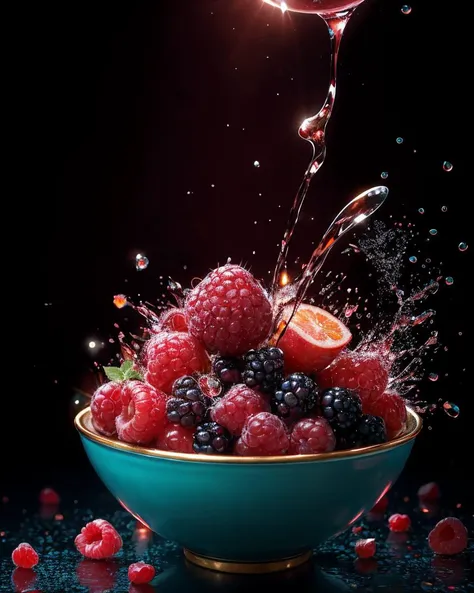 photo RAW,(raspberries, blackberries splashing into a bowl of rose wine, explosion, 4k hd wallpapear, gems and diamonds wet, pomegranate blossoms, wine particles, liquid splashes, black background photorealistic, beautiful uhd 4k art, realistic wine splashing, dripping paints, Black orange and teal_green colors), masterpiece, award winning photography, lighting, perfect composition, high detail, hyper realistic,dramatic lighting, epic