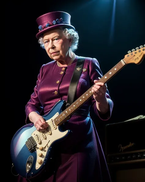 photo RAW,(queen elizabeth 2 holding a fender stratocaster, solo,emotions face, Burgundy and dark_blue colors), masterpiece, award winning photography, lighting, perfect composition, high detail, hyper realistic,dramatic lighting, epic