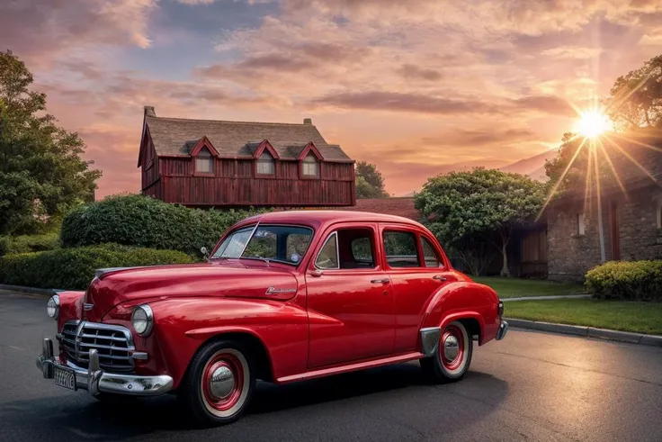 1950s style, retro red car Subaru,pink sunset,sunrays,(nature, buildings history modern art, amazing unreal background), (natural colors, correct white balance, color correction, dehaze,clarity), <lora:LowRA:0.15> <lora:add_detail:1.25>, RAW photo, full sharp, detailed face (high detailed skin:1.2), 8k uhd, dslr, soft lighting, high quality, film grain, Fujifilm XT3