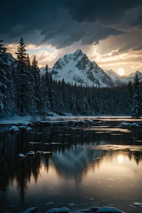 photo RAW,(winter,mountains and a storm lake with a moon in the sky, old wooden slab home, 4k highly detailed digital art, 4 k hd wallpaper very detailed, impressive fantasy landscape, sci-fi fantasy desktop wallpaper, 4k wallpaper, 4k detailed hdr photography, sci-fi fantasy wallpaper, epic dreamlike fantasy landscape, 4k hd matte, 8k,Realistic, realism, hd, 35mm photograph, 8k), masterpiece, award winning photography, natural light, perfect composition, high detail, hyper realistic, (composition centering, conceptual photography), realistic, detailed, balanced, by Trey Ratcliff, Klaus Herrmann, Serge Ramelli, Jimmy McIntyre, Elia Locardi